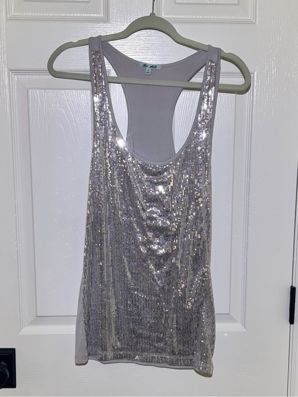 Like New The Arte Silver Sexy Sequin Front Stretchy Racerback Tank Top. M/L